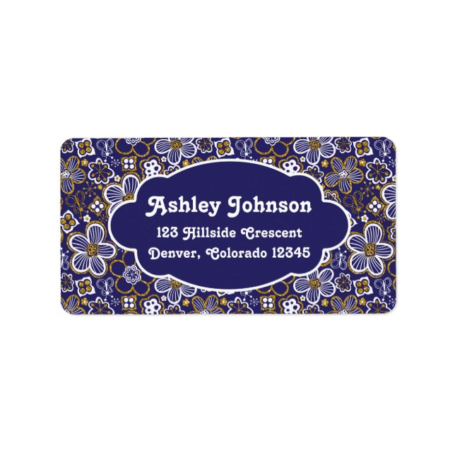 Navy Blue Gold Whimsical Floral Return Address Label (Front)