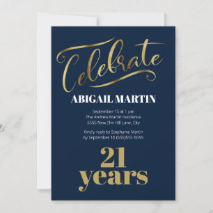 Navy Blue Gold White 21st Birthday Party Invitation