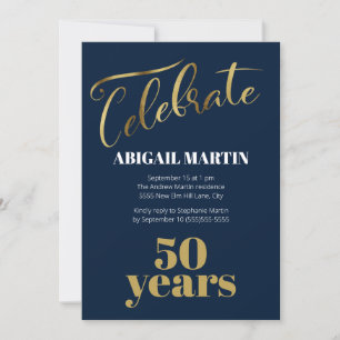 Navy Blue Gold White 50th Birthday Party Invitation