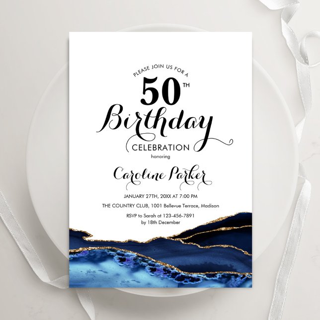 Navy Blue Gold White Agate 50th Birthday Invitation (Creator Uploaded)
