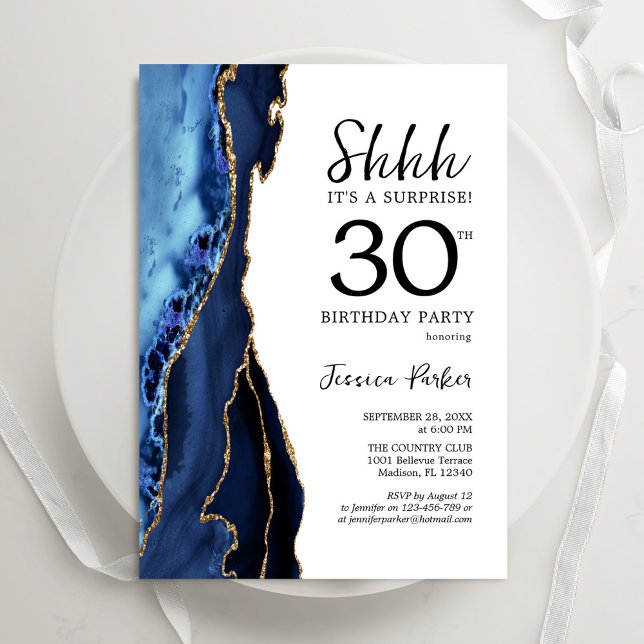 Navy Blue Gold White Agate Surprise 30th Birthday Invitation (Creator Uploaded)