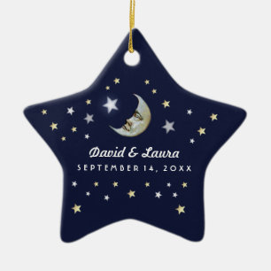 Navy Blue Gold & White Moon & Stars Wedding Custom Ceramic Tree Decoration