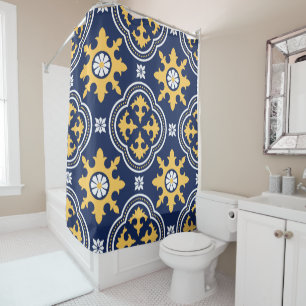 Navy blue gold white Moroccan arabesque tile  Shower Curtain