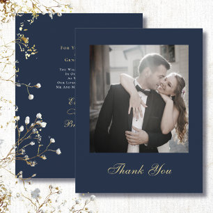 Navy Blue Gold White Script Thank You Wedding Invitation