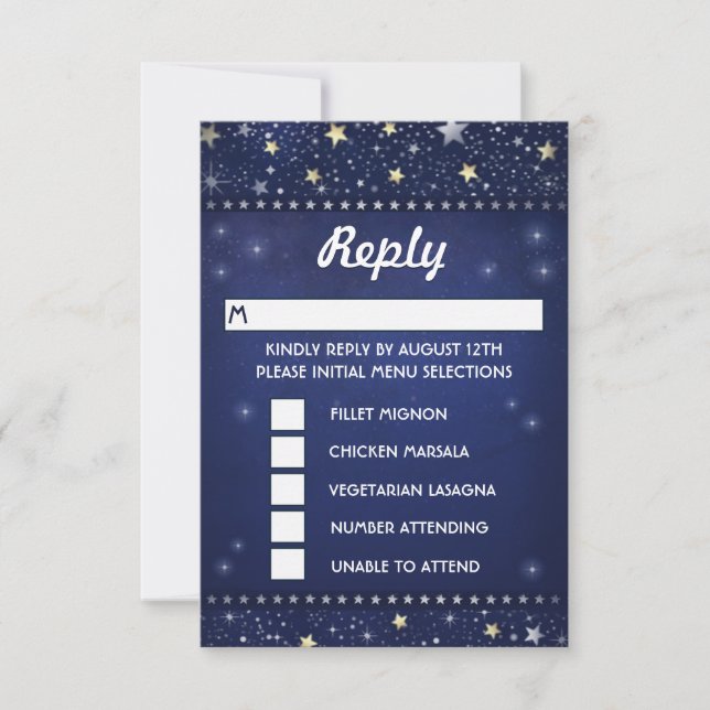 Navy Blue Gold & White Stars RSVP MENU Selections (Front)