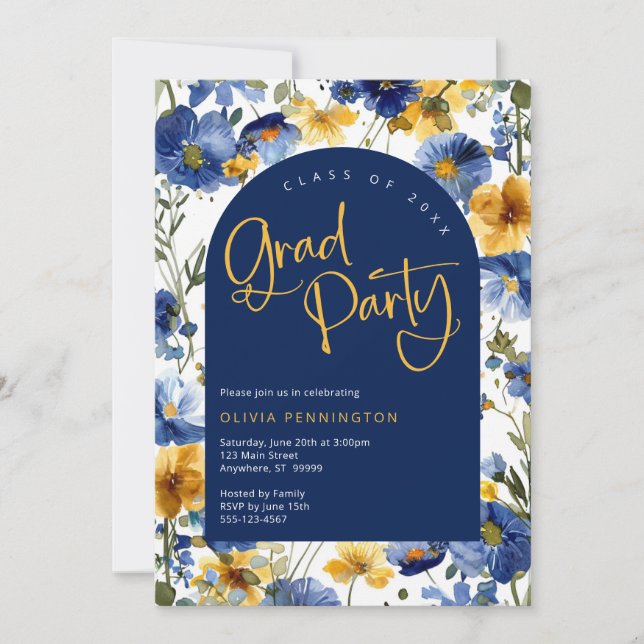 Navy Blue Gold Wildflower Grad Party Invitation (Front)