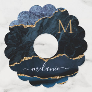 Navy Blue Gold Wine Glass Tag Custom Name Letter