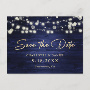 Navy Blue Gold Wood String Lights Script Wedding Announcement Postcard