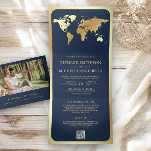 Navy Blue Gold World Map QR Code Photo Wedding Tri-Fold Invitation