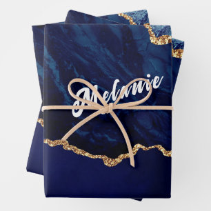 Navy Blue Gold Wrapping Paper Sheets Custom Name