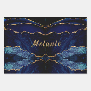 Navy Blue Gold Wrapping Paper Sheets Custom Name