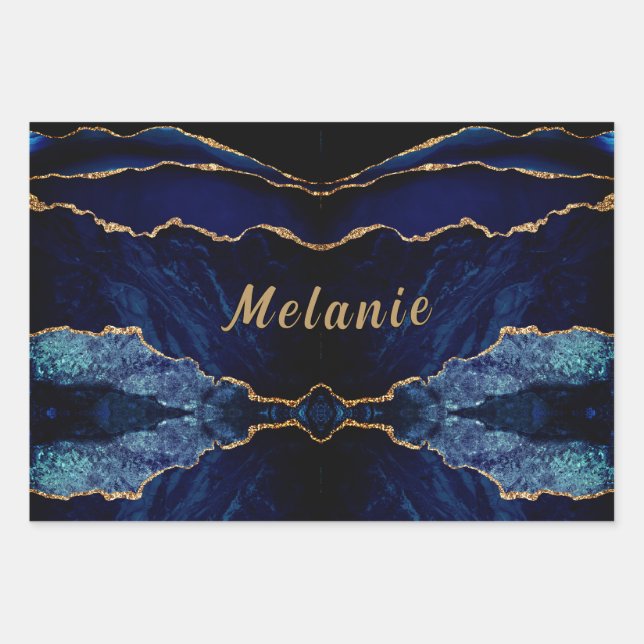 Navy Blue Gold Wrapping Paper Sheets Custom Name (Front 2)