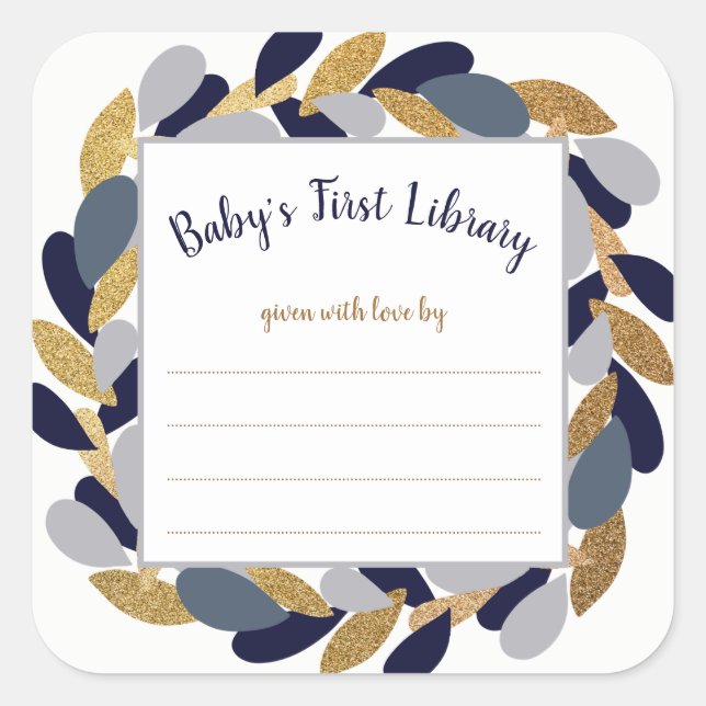 Navy Blue Gold Wreath boy baby shower book Square Sticker (Front)
