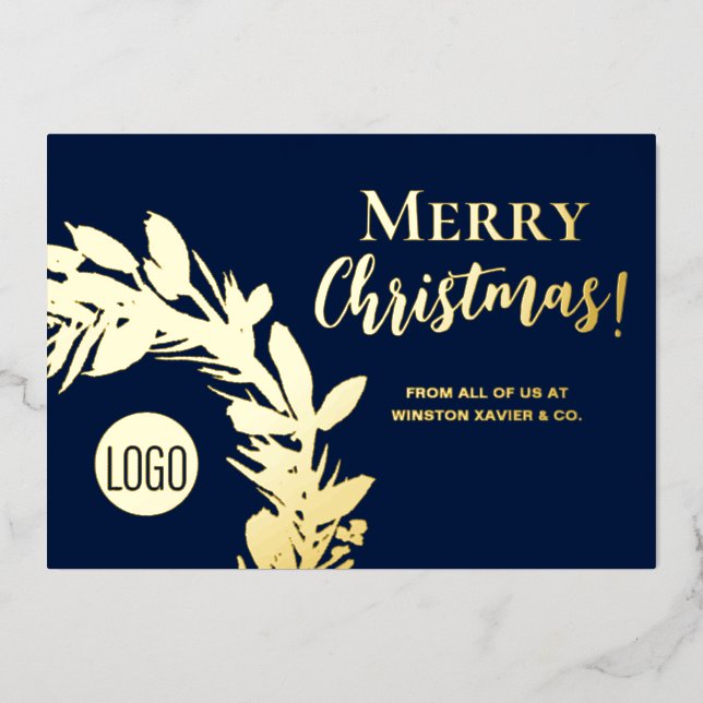 Navy Blue Gold Wreath Merry Christmas  (Front)