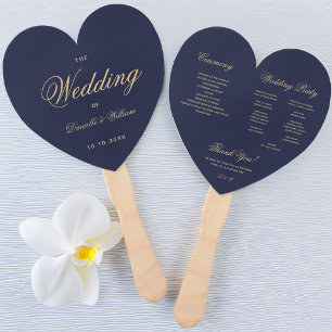 Navy Blue Golden Calligraphy Heart Wedding Program Hand Fan