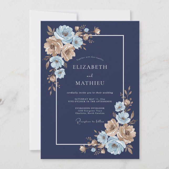 Navy Blue Golden Floral Wedding Invitation (Front)