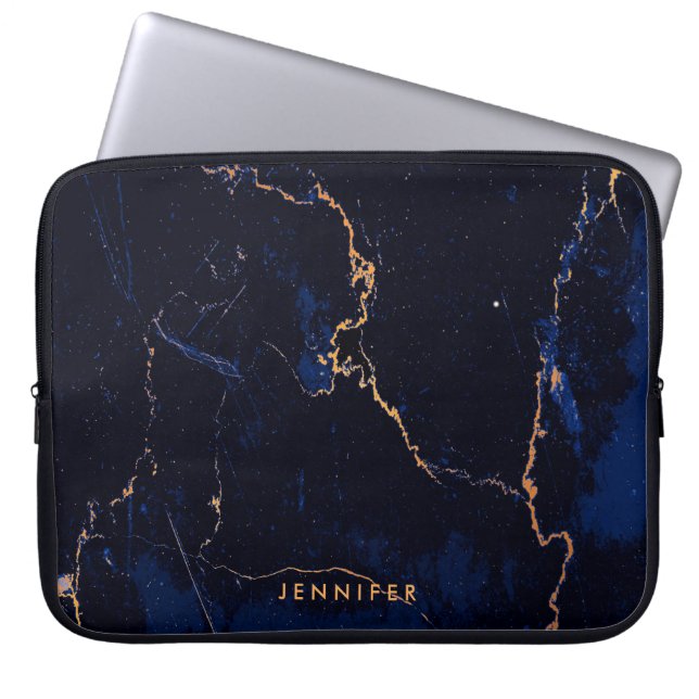 Navy Blue Golden Marble Laptop Sleeve (Front)