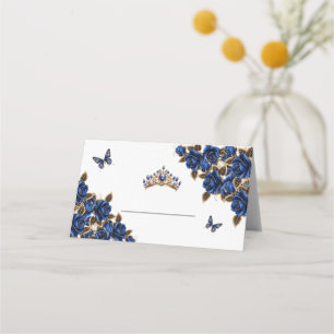 Navy Blue Golden Roses Butterfly Place Card