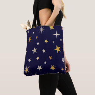  Navy Blue Golden Star Pattern Tote Bag