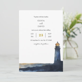 Navy Blue Golden Sunset Lighthouse Beach Wedding  Invitation