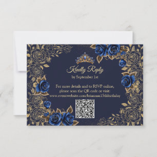 Navy Blue Golden Tiara Butterflies Quinceañera RSVP Card