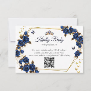 Navy Blue Golden Tiara Roses Butterfly Quinceañera RSVP Card