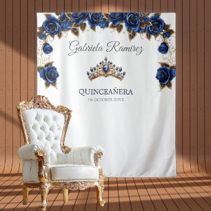 Navy Blue Golden Tiara Roses Quinceañera Backdrop Tapestry