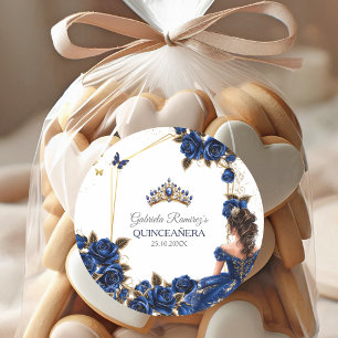 Navy Blue Golden Tiara Roses Quinceañera Classic Round Sticker