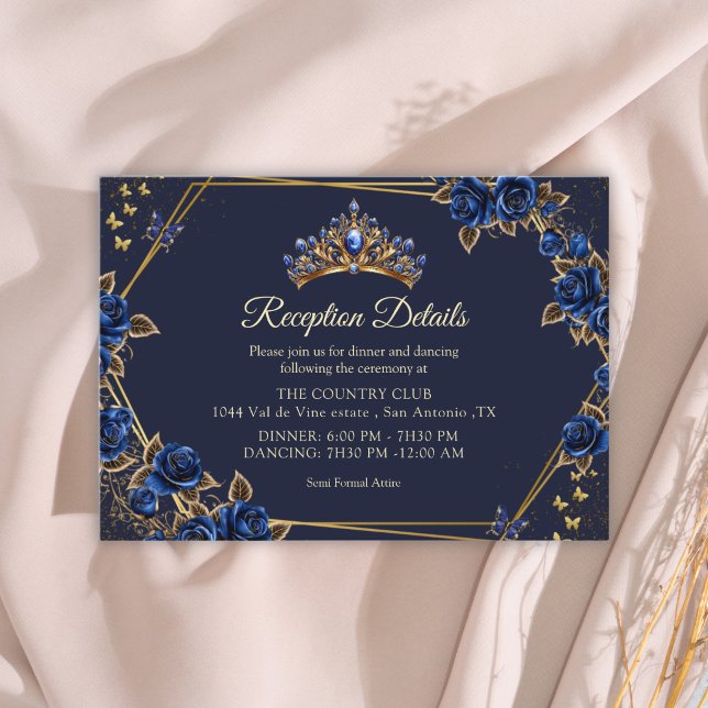 Navy Blue Golden Tiara Roses  Quinceañera Enclosure Card (Creator Uploaded)