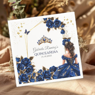 Navy Blue Golden Tiara Roses Quinceañera Napkin