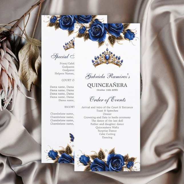 Navy Blue Golden Tiara Roses Quinceañera Program (Creator Uploaded)