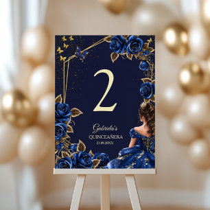Navy Blue Golden Tiara Roses  Quinceañera  Table Number