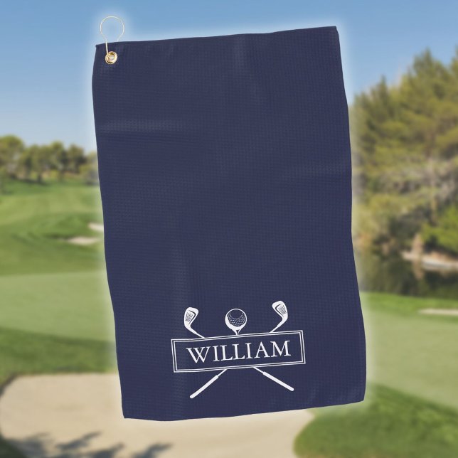 Navy Blue Golf Clubs And Ball Personalised Name Golf Towel (Navy Blue Golf Clubs And Ball Personalized Name Golf Towel)