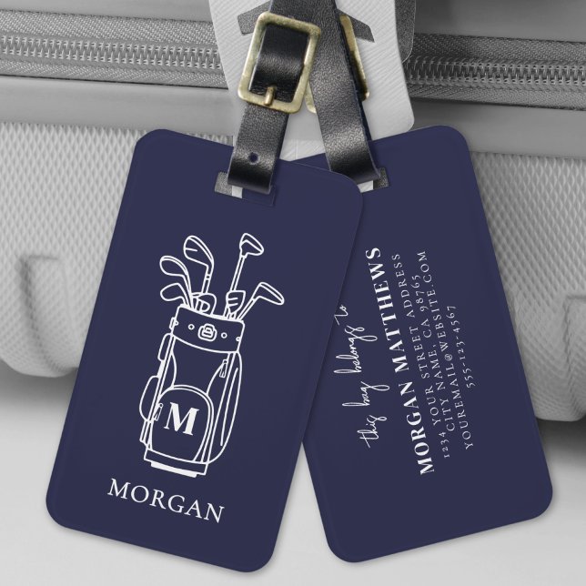 Navy Blue Golf Monogram Luggage Tag (Navy Blue Monogram Golf Bag Luggage Tag)