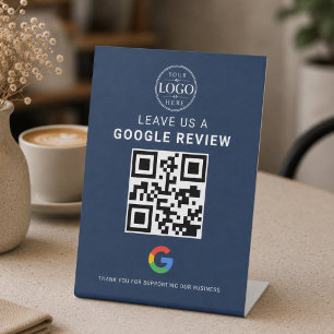 Navy Blue Google Review QR Display Pedestal Sign