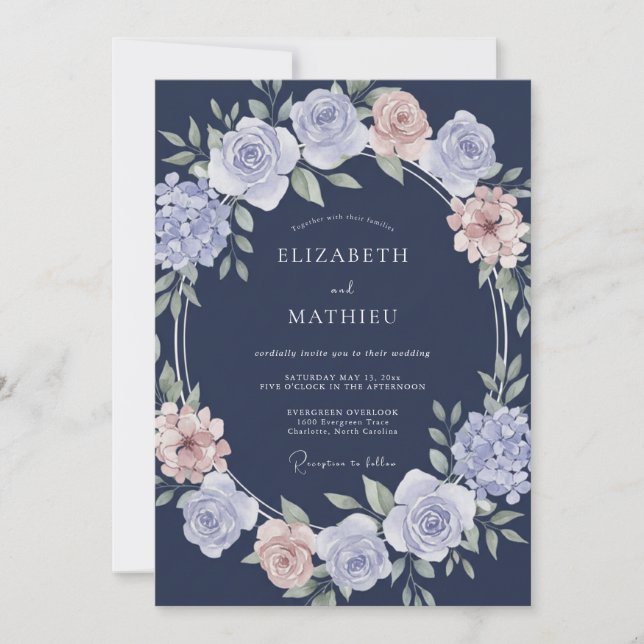 Navy Blue Graceful Classic Wedding Invitation (Front)
