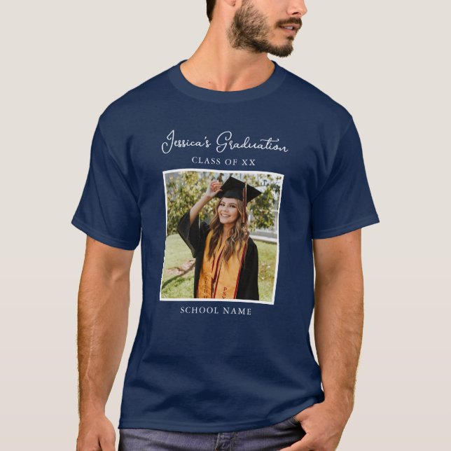 Navy Blue Graduate Custom Photo Modern Party T-Shirt (Front)