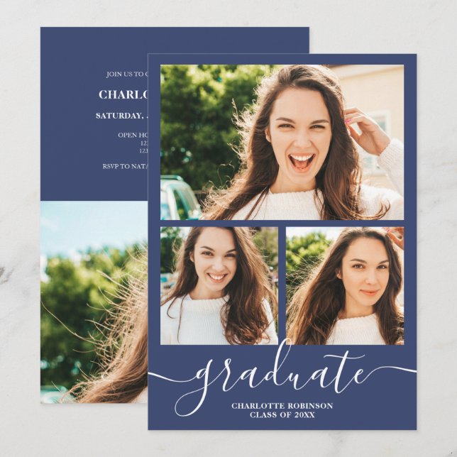 Navy blue graduate script 4 photos graduation invitation (Front/Back)