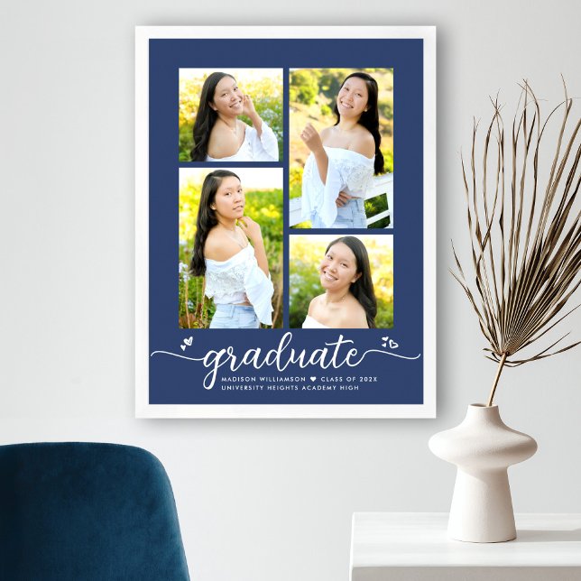 Navy Blue Graduation 4 Photo Script Hearts Girly Poster (Creator Uploaded)