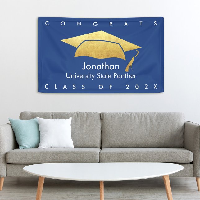 Navy Blue Graduation Bold Gold Cap Modern Simple Banner (Creator Uploaded)