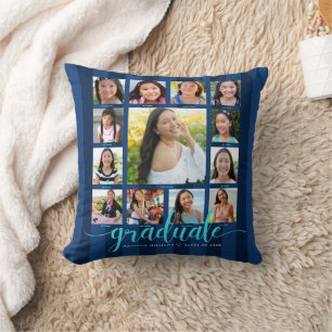 Navy Blue Graduation K–12 Photo Collage Script Cushion