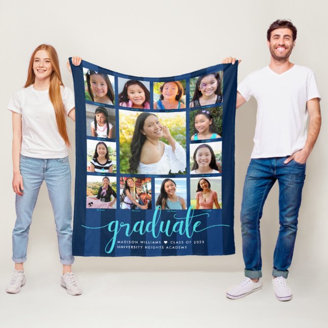 Navy Blue Graduation K–12 Photo Collage Script Fleece Blanket (In Situ)