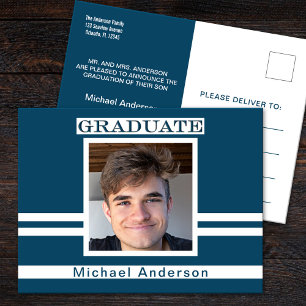 Navy Blue Graduation Minimalist Photo Announcement Postcard