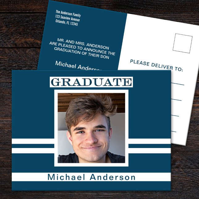 Navy Blue Graduation Minimalist Photo Announcement Postcard (Creator Uploaded)