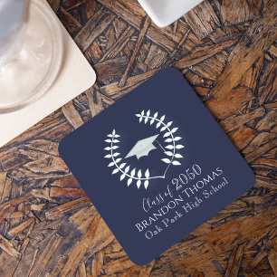 Navy Blue Graduation Party Laurel Custom Square Paper Coaster