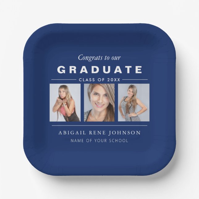 Navy Blue Graduation Photo Collage Personalised Paper Plate (Front)