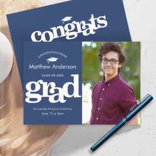 Navy blue graduation photo modern bold typography announcement