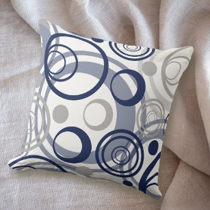 Navy Blue Gray Circle Abstract Design Cushion