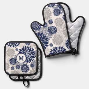 Navy Blue Gray Flower Pattern Monogram Oven Mitt & Pot Holder Set