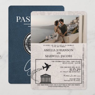 Navy Blue Greece Passport Wedding Invitation